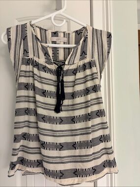 LOFT Cream and Dark Blue Striped Tassel Peasant Camisole